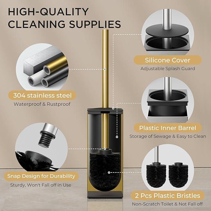 FORIOUS Toilet Brush and Holder Set, Heavy Duty 304 Stainless Steel Base Square and Long Handle for Bathroom Deep Cleaning, Drip-Proof, Space Saving for Storage, 2 Toilet Bowl Brush Head, Dark Gold - ModernBath