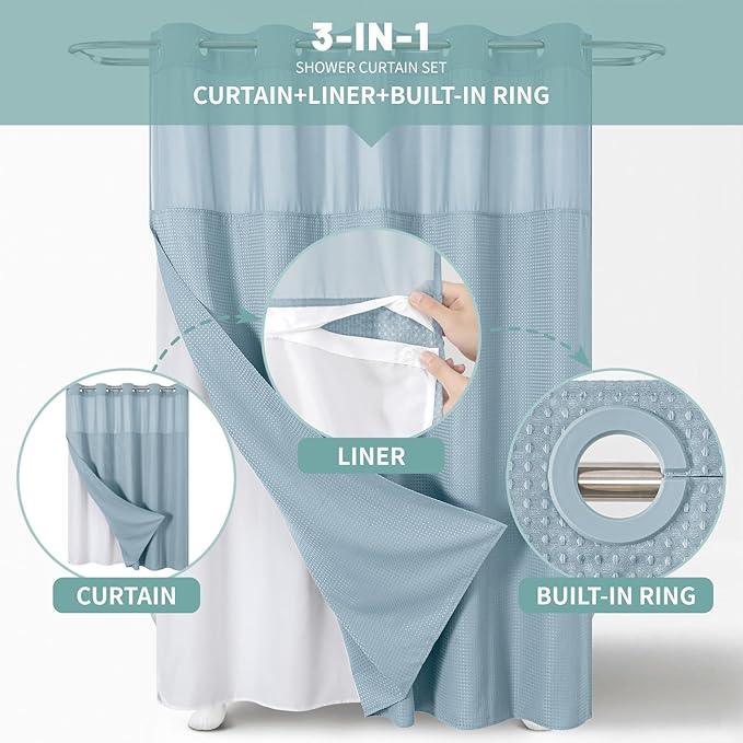 eachope Teal Hook Waffle Weave Shower Curtain with snap-in Liner Replacement, 230GSM Waterproof Fabric Hotel Shower Curtain Set for Bathroom, Through Mesh Top Window,71Wx74H - ModernBath