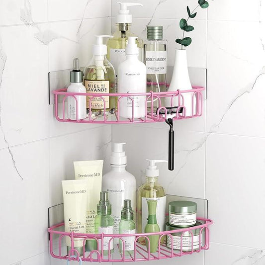 Orimade Corner Shower Caddy with 2 Hooks Wall Mounted Metal Bathroom Shelf Storage Organizer Adhesive No Drilling 2 Pack, Pink Only for 90-Degree Corner - ModernBath