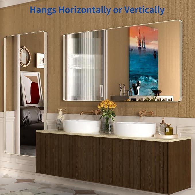 WEER 72X36 Inch Brushed Nickel Bathroom Mirror, Brushed Silver Metal Frame Mirror, Rounded Rectangle Silver Bathroom Vanity Mirror, Tempered Glass, Anti-Rust, Hangs Horizontally or Vertically - ModernBath