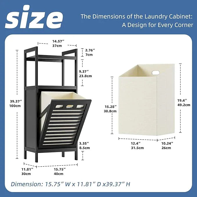HITNET Tilt Out Laundry Hamper, Bamboo Bathroom Cabinet with Pull Out Removable Bag and 2 Tier Storage Shelves, 8.5 Gallon Clothes Basket with Metal Handle, Black - ModernBath