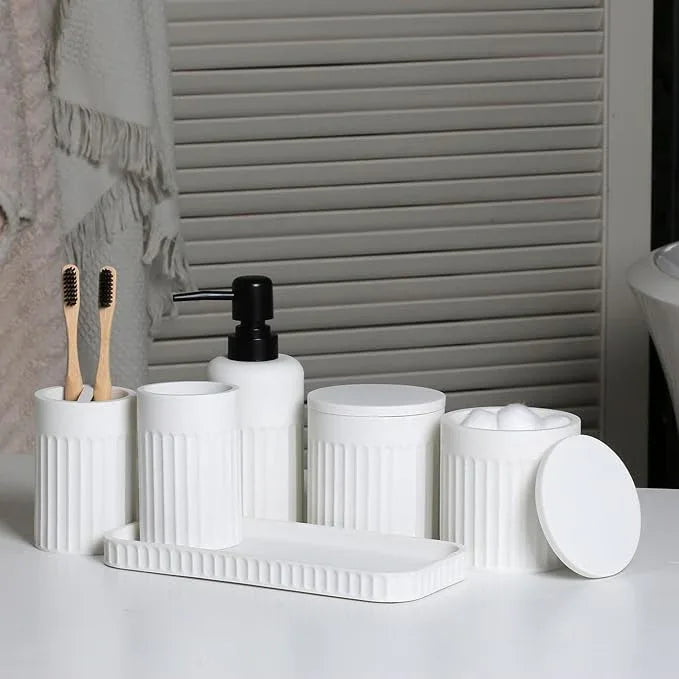 INIUNIK Bathroom Accessory Set - 6 Pieces Bathroom Accessories Set Complete with Soap Dispenser, Toothbrush Holders, Tumbler, Vanity Tray and 2 Qtip Holder for Home Organizer and Decor, White - ModernBath