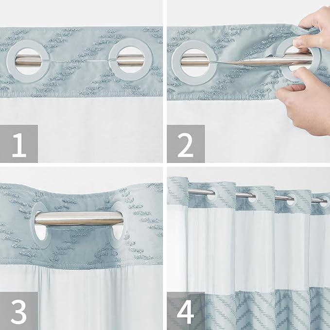eachope Extra Long No Hook Boho Farmhouse Shower Curtain with Snap-in Fabric Liner set-71Wx86H(84H),Tufted Chevron Striped Hotel Grade Cloth Shower Curtains for Bathroom,Water Repellent,Fog Blue - ModernBath