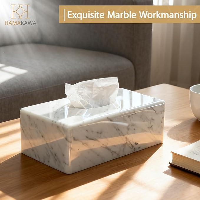 HAMAKAWA Natural Marble Tissue Box Cover, Carrara White Tissue Organizer 10 x 5.7 x 3.5 inch, Heavy Stone Decorative Box, Rectangle Tissue Box Holder for Home Decor, Kitchen, Bathroom, Bedroom - ModernBath