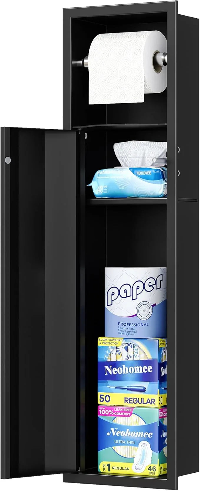 Neodrain Recessed Toilet Paper Holder, Matte Black Tissue Holder with Curved Door, 304 Stainless Steel Bathroom Storage Cabinet for Tissue Rolls, Perfect Depth fits Amarica Drywall - ModernBath