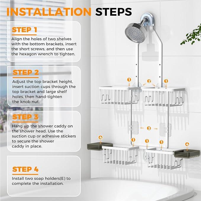 REINHARDT Aluminum Shower Caddy Hanging Adjustable Shower Caddy, Rustproof Hanging Shower Organizer with Hooks Soap Holders, Over Shower Head Caddy for Handheld Showerhead, White - ModernBath