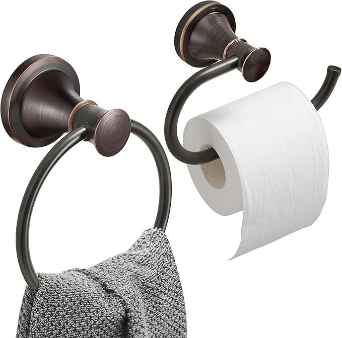 Hoimpro Oil Rubbed Bronze Towel Ring Toilet Paper Holder, Double Bathroom Hardware Set Fixtures Toilet Roll Tissue Holder, Hand Towel Bar Towel Rack Rv Accessories, Sus304 Stainless Steel, Wall Mount - ModernBath