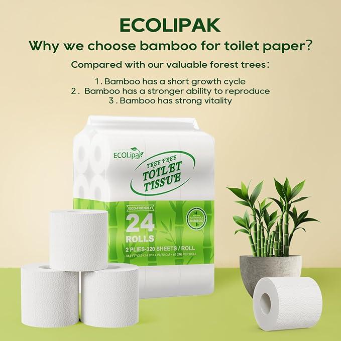 ECOLipak Bamboo Toilet Paper, Septic Safe Toilet Tissue, 24 Double Rolls, 320 Sheets Per Roll, Tree Free, Non Toxic, 2 Ply, Soft and Absorbent, Eco Friendly Dye-Free Paper - ModernBath