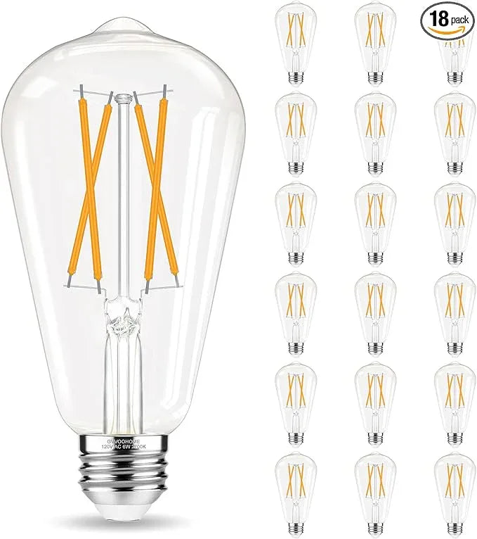 Edison Bulbs 60 watt Equivalent LED, E26 Bulb Non-Dimmable, Soft White 2700K, ST58 Vintage Light Bulbs, 90+ CRI, 6W 600LM, E26 Medium Base, Clear Glass, 18 Pack - ModernBath