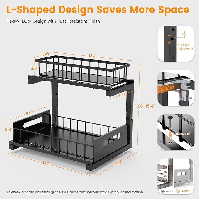 Under Sink Organizer, Heavy Duty Metal Pull Out Cabinet Organizer Slide Out Sink Shelf Organizer Height Adjustable, Multi-Purpose Storage Shelf for Kitchen Bathroom(Black,2Pack) - ModernBath
