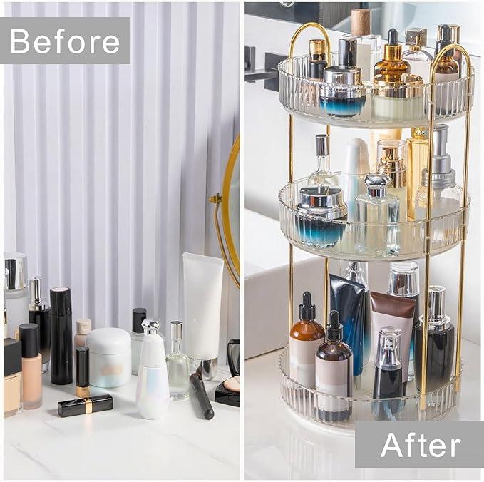 INVSSENE 360° Rotating Makeup Organizer, Bathroom Make Up Spinning Holder Rack, Large Capacity Cosmetics Storage Vanity Shelf Countertop, Fits Cosmetics, Perfume, Skincare, Lipsticks(3 Tiers, Clear) - ModernBath