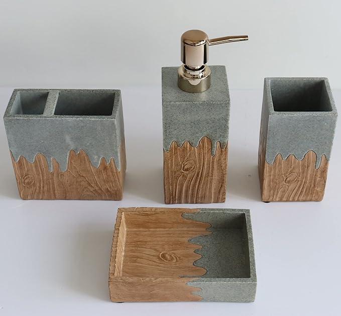 Hymmah Bathroom Accessories Set,Wooden Design Toothbrush Holder,Farmhouse Bathroom Decor,4 Pcs Resin Gift Set Apartment Necessities, Contain Toothbrush Cup,Soap Dispenser,Soap Dish,Tumbler - ModernBath