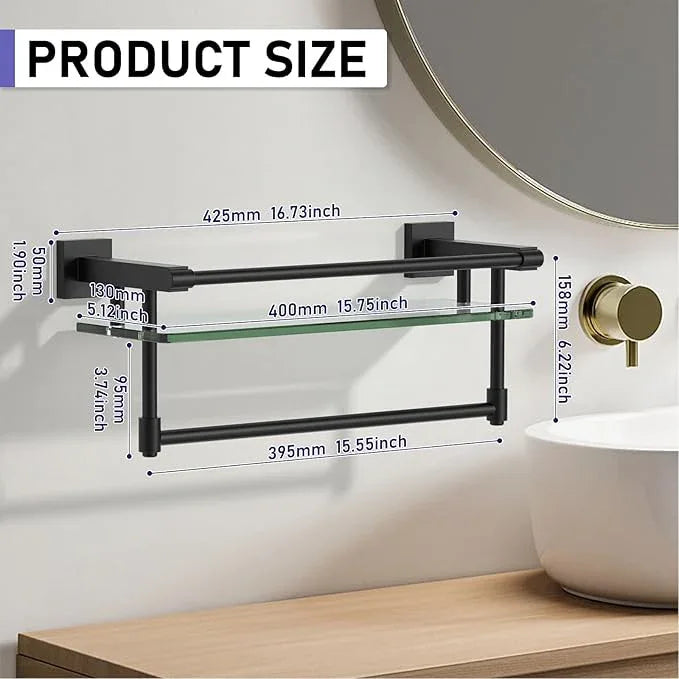 Glass Shelf for Bathroom 16 Inch Bathroom Shelves with Towel Bar, Tempered Glass Shelves with Stainless Steel Towel Holder for Wall Shelf Sink Over Toilet (Matte Black) - ModernBath