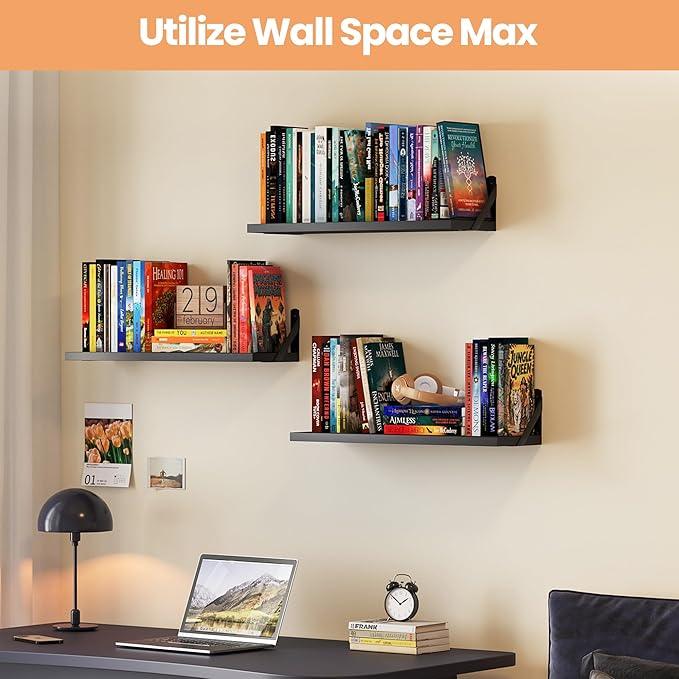upsimples Floating Book Shelves for Wall, 23.6 Inches Floating Wood Shelves for Living Room, Laundry Room, Bedroom, Office Organizer and Storage, Black - ModernBath