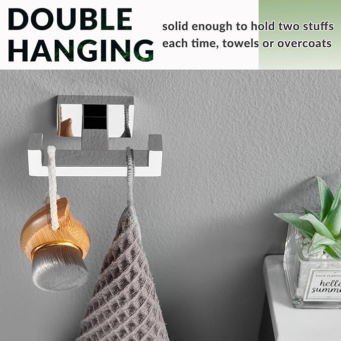 APLusee Square Double Towel Hook, 304 Stainless Steel Dual Coat Holder, Modern Bathroom Kitchen Storage Hanger Wall Mounted, Polished Chrome - ModernBath