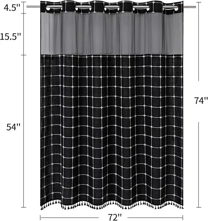No Hooks Required Farmhouse Shower Curtain with Snap-in Liner - with Window & Magnets, Boho Cotton Linen Fabric Shower Curtains with Tassels for Rustic Bathroom Decor, Black and White, 72 x 74 - ModernBath