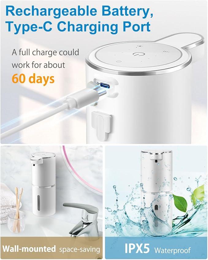 Gotofine Automatic Liquid Soap Dispenser,4-Level Adjustable, Wall Mount,USB Rechargeable,12.8oz/ 380ml,Touchless Hand & Dish Soap Dispenser for Bathroom, Kitchen,Hotel, Restaurant - ModernBath