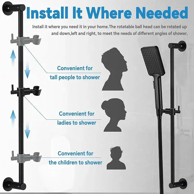 Shower Slide Bar Adjustable Handheld Shower Head Holder Wall Mount - 30inch All-Metal Shower Head Slide Bar Compatible with Bathroom Drill Free Glue Installation - Black - ModernBath