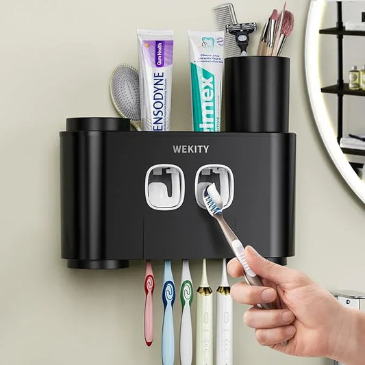 Toothbrush Holder Multi-Function Wall-Mounted, Automatic Toothpaste Dispenser & Dust-Proof Toothbrush Holder with 5 Brush Slots 4 Cups 2 Automatic Toothpaste Dispensers 1 Storage Slot (Black) - ModernBath