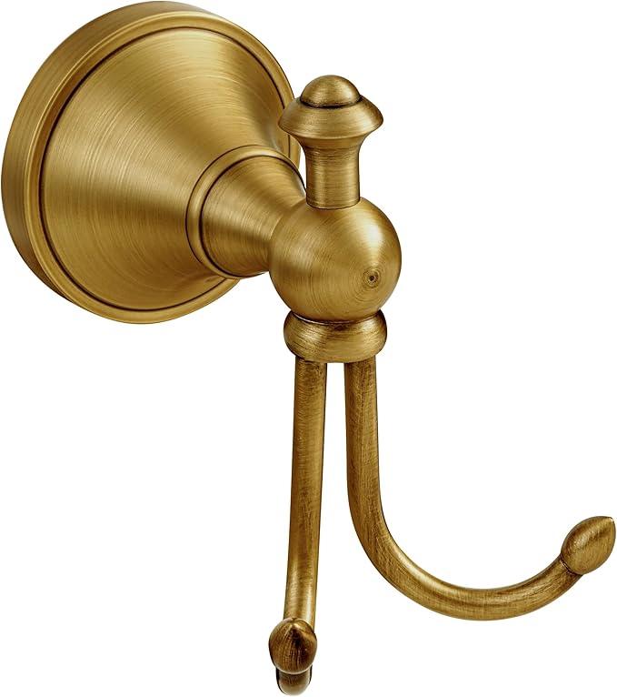 Antique Brass Towel Hook, Brass Bathroom Robe Hook, Rustic Double Towel Hooks Bath Farmhouse Coat Clothes Hook Wall Mounted for Bathroom Kitchen Washroom - ModernBath