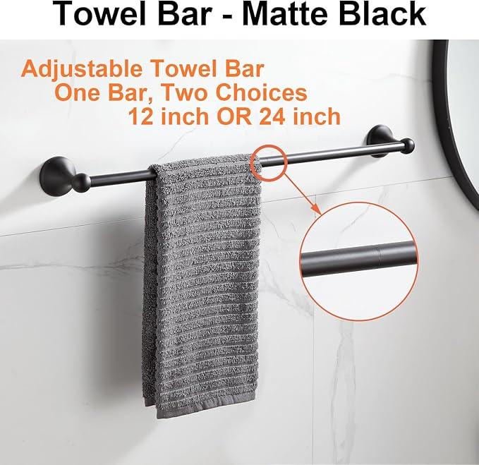 BGL Bathroom Accessory Set, Matte Black Adjustable Expandable Towel Bar 4-Piece Bathroom Hardware Set Wall Mounted Robe Hook Toilet Paper Holder Towel Ring Towel Bar - ModernBath