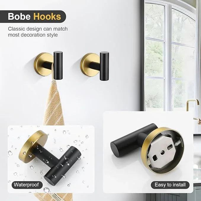 TQKAG 8-Pieces Bathroom Hardware Set Black and Gold SUS304 Stainless Steel Bath Towel Bar Set 23.6 Inch Round Bathroom Accessories Kit Wall Mounted - ModernBath