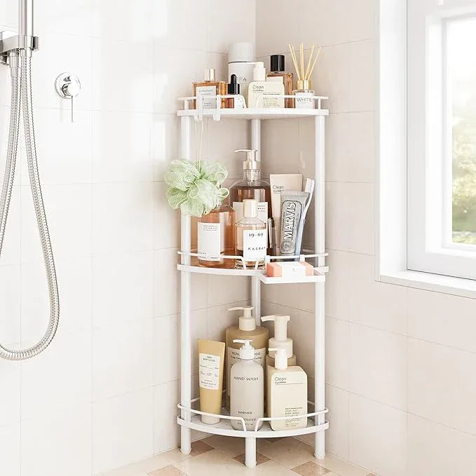 ELYKEN Corner Shower Caddy Standing, 3 Tier Rustproof Metal Shower Organizer with Soap Holder, Floor Shower Corner Shelf Rack Storage Stands with Adjustable Feet & 2 Hooks for Bathroom, White - ModernBath
