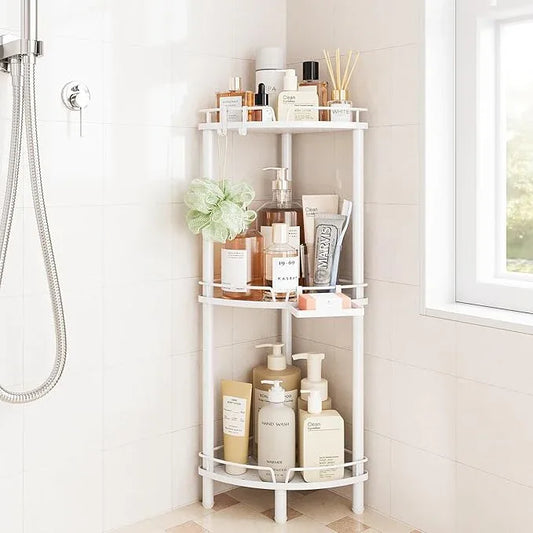 ELYKEN Corner Shower Caddy Standing, 3 Tier Rustproof Metal Shower Organizer with Soap Holder, Floor Shower Corner Shelf Rack Storage Stands with Adjustable Feet & 2 Hooks for Bathroom, White - ModernBath