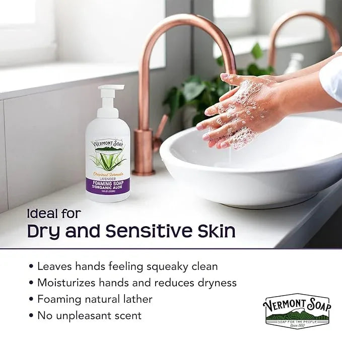 VERMONT SOAP Organic Lavender Foaming Hand Soap - Natural Moisturizing Soap for Dry Skin - Fragrance Free Liquid Bathroom Hand Soap Dispenser - Lavender - 12 oz - ModernBath