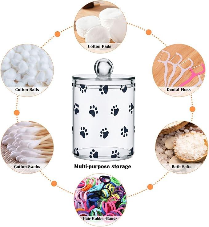 Tatenale Qtip Holder Bathroom Set Q tip Cotton Ball Swab Pad Dispenser Container Organizer Plastic Jars with Lids Storage 2Pack Small Paw Print White - ModernBath