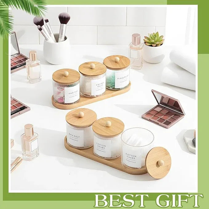 Vesici 6 Pack Bathroom Canisters Ribbed Apothecary Jars with Bamboo Lids 2 Bamboo Trays and 9 Label Stickers Cotton Swabs Holder Bathroom Organizer Storage Set Acrylic 18 oz Dispenser Container(Wood) - ModernBath