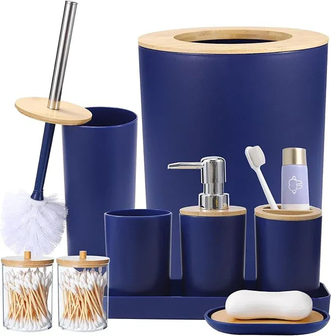 SLDIYWOW Blue Bathroom Accessories, 9-Piece Navy Blue Bathroom Accessories with Trash Can,Tray,Soap Dispenser,Toothbrush Holder,Toothbrush Cup,Soap Dish,Toilet Brush and Q-tip Holders for Bathroom - ModernBath