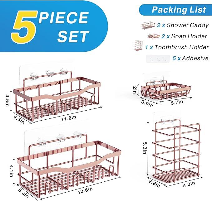 EUDELE 5-Pack Rustproof Stainless Steel Shower Caddy – No Drill Adhesive Bathroom Organizer with Large Capacity, Spacious Shower Shelves for Inside Shower, Kitchen & Home Decor Storage-XL Size - ModernBath