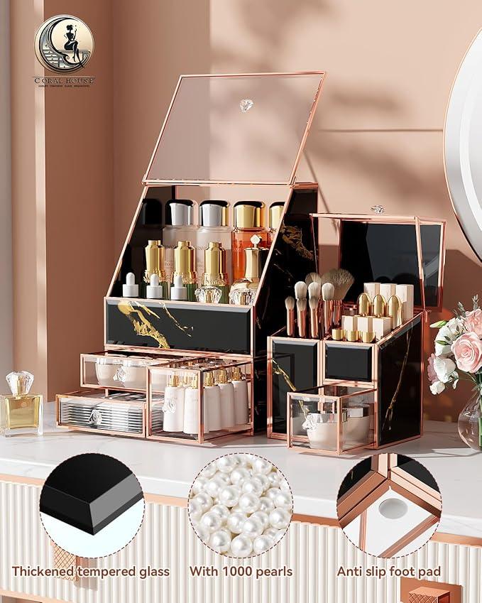 CoralHouse Makeup Organizer Black,Glass Vanity Organizer for Skincare, Perfume, Brushes & Lipsticks – Countertop Makeup Storage Box for Women, Bathroom or Dresser - ModernBath