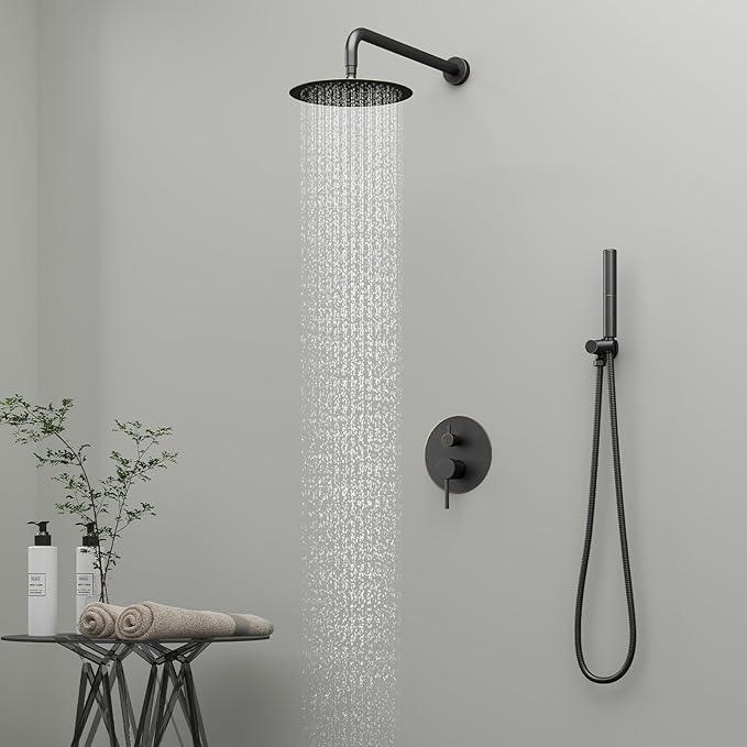 BESy Shower System with 10 Inch Round Rain Shower Head and Handheld Wall Mounted, High Pressure Rainfall Shower Faucet Fixture Combo Set with 2 in 1 Handheld Showerhead for Bathroom, Oil Rubbed Bronze - ModernBath