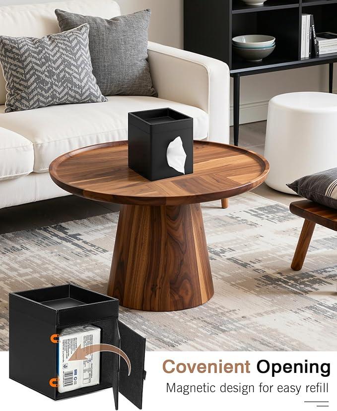 Luxspire Square Tissue Box Cover, PU Leather Square Tissue Box Cover with Storage Tray, Tissue Box Holder, Tissues Cube Boxes Cover for Living Room, Bedroom Countertop Cars Hotels, Black - ModernBath