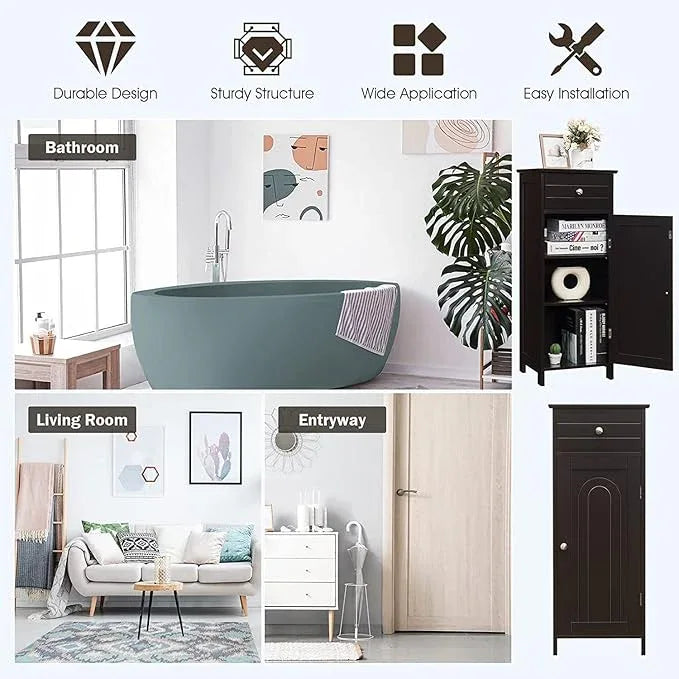 HAPPYGRILL Bathroom Floor Cabinet, Single Door Floor Storage Cabinet Organizer with Drawer and 3-Level Adjustable Shelves, Bathroom Cabinets Freestanding with Anti-Tipping Device for Living Room - ModernBath