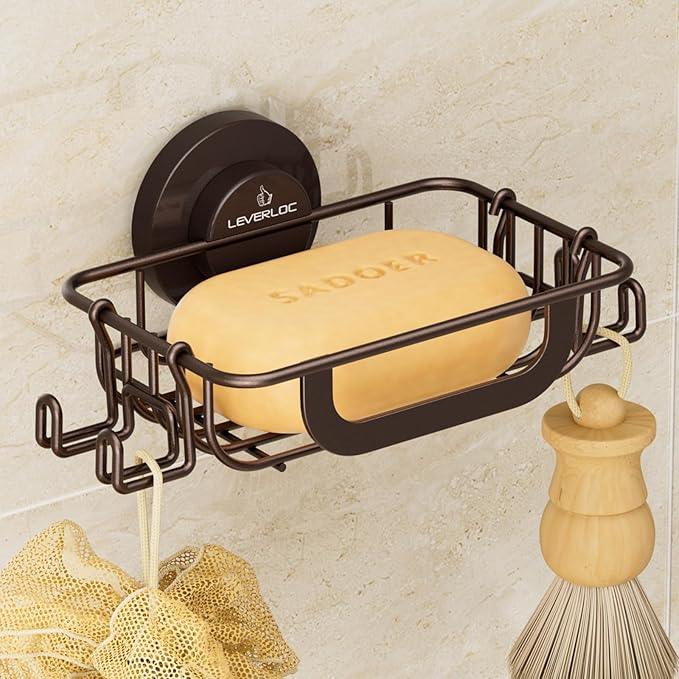 LEVERLOC Soap Holder Dish with Hooks for Shower, Bar Suction Cup Soap Tray Wall Mounted, Rustproof Stainless Steel Sponge Holder Caddy for Bathroom Bathtub Kitchen Sink, Brown - ModernBath