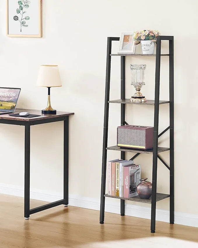 Hoctieon 4-Tier Industrial Ladder Bookshelf, Narrow Ladder Shelf, Tall Standing Bookshelf, Skinny Open Ladder Shelf, for Living Room, Home Office, Kitchen, Bedroom, Metal Frame, Greige - ModernBath
