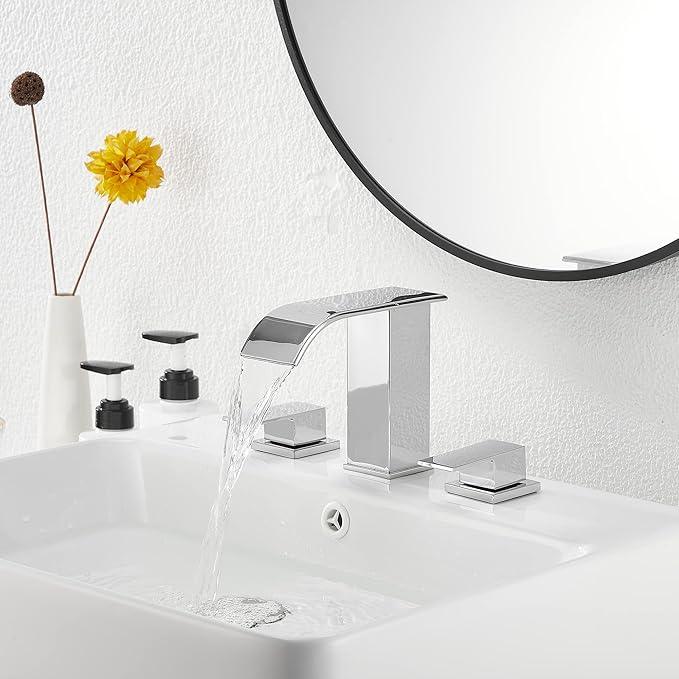 Waterfall Widespread Bathroom Faucet Chrome GGStudy 3 Holes 2 Handle Modern Bathroom Sink Faucet with Pop Up Drain - ModernBath