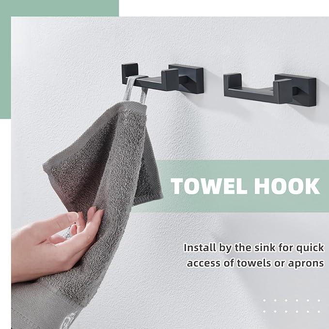 APLusee Double Bath Towel Hook 2 Pack, 304 Stainless Steel Square Dual Coat Holder, Modern Bathroom Kitchen Storage Hanger Wall Mounted, Matte Black - ModernBath