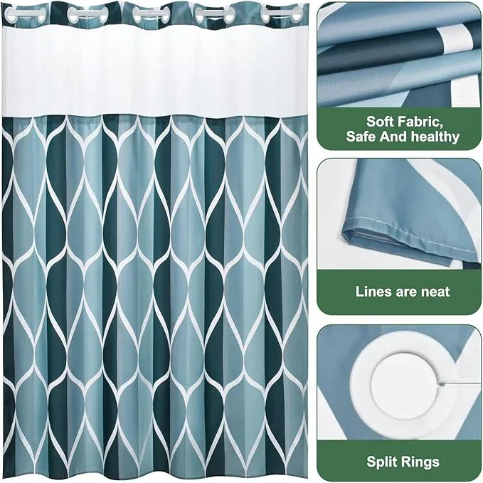Yiatn No Hook Aegean Blue Long Shower Curtain with Snap in Fabric Liner Set - Hotel Style with See Through Mesh Top Window, Modern Geometric Waterdrop Design,Waterproof and Washable, 71x86 INCH - ModernBath