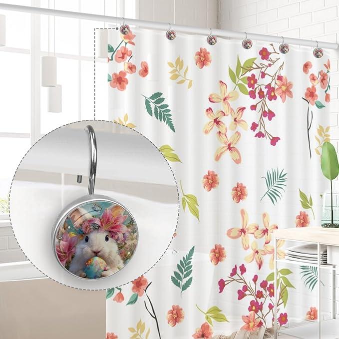 Easter Rabbit and Flowers Shower Curtain Hooks 12Pcs, Decorative Rust Resistant Shower Rings for Shower Curtain Rods, Stainless Steel Round Curtain Hooks for Bathroom, Bedroom, Farmhouse - ModernBath