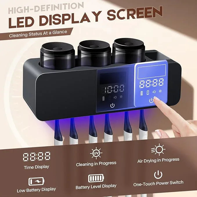 LXIANGN 3 in 1 Toothbrush Cleaner Holders for Bathrooms,Wall Mounted Toothbrush Holders with Drying and Cleaning,Smart LED Screen,6 Toothbrush Slots,3 Cups and Toothpaste Dispenser (Deep Grey) - ModernBath