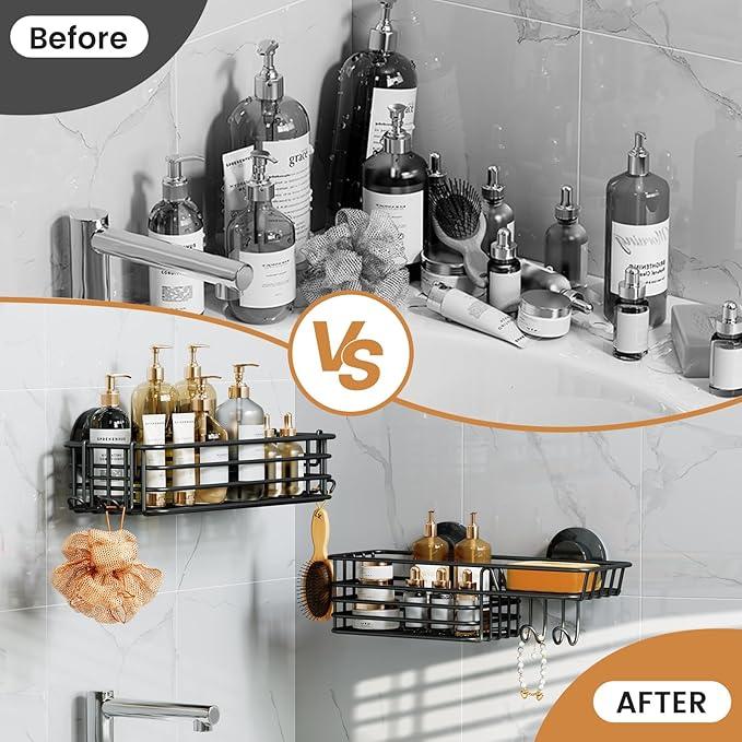 LEVERLOC Shower Caddy Suction Cup, 2 Pack suction shower shelf with Hooks & Soap holder, NO-Drilling Bathroom Holder, Rustproof bathroom organizer, Black - ModernBath