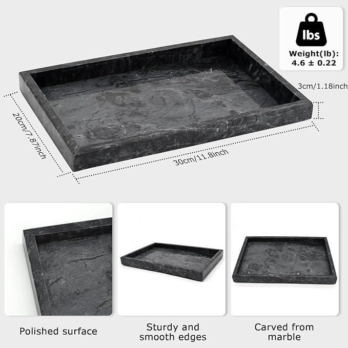 MULWR Marble Bathroom Tray,Pure Natural Vanity Tray,Marble Trays for Kitchen Counter Non-Ceramic/Non-Resin,Stone Tray 12 x 8 inch (Black) ﻿ - ModernBath