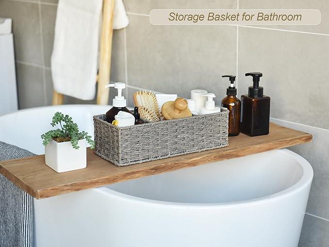 StorageWorks 3-Section Wicker Baskets for Shelves, Hand-Woven Round Paper Rope Storage Baskets, Gray, 2-Pack - ModernBath