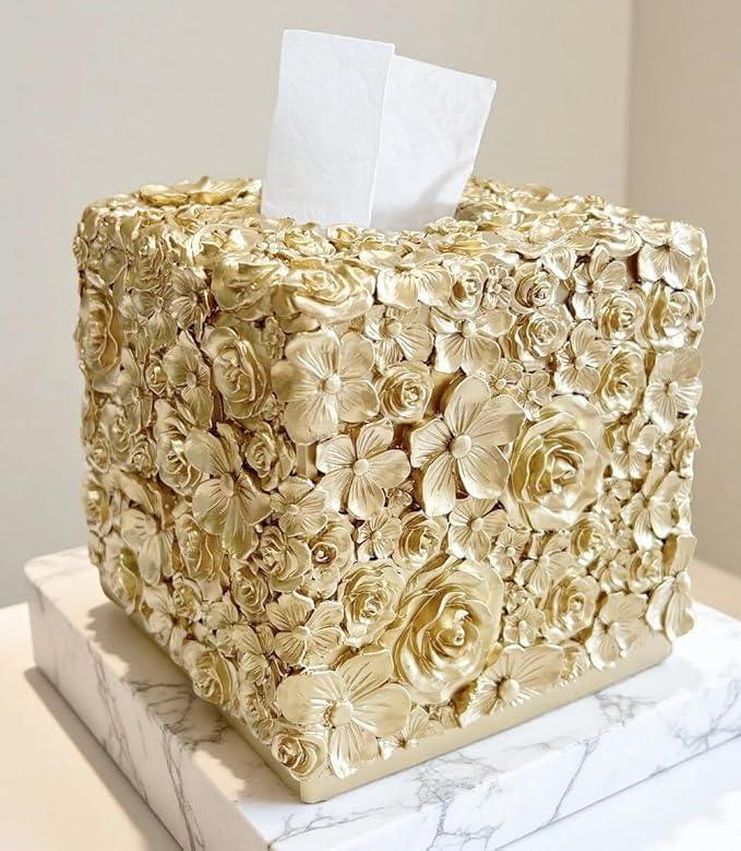 Huitony Square Tissue Box Cover Decorative Kleenex Box Holder for Bathroom & Living Room with Handcrafted Texture (Rose Gold) - ModernBath