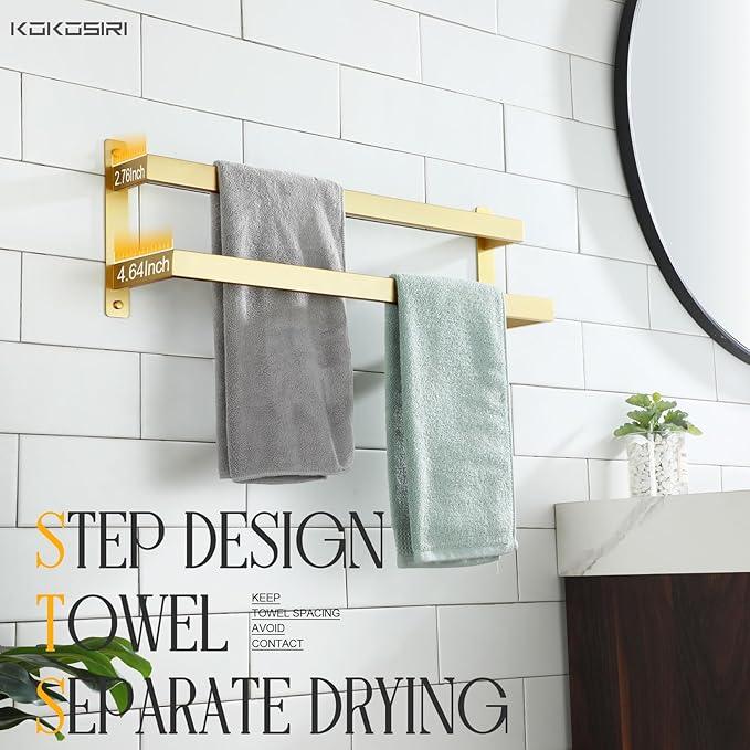 KOKOSIRI Bath Towel Bars Bathroom 2-Tiers Ladder Brushed Gold Towel Rails 24 Inches Towel Holders Wall Mounted Towels Shelves Rack Stainless Steel, B5008BG-L24 - ModernBath