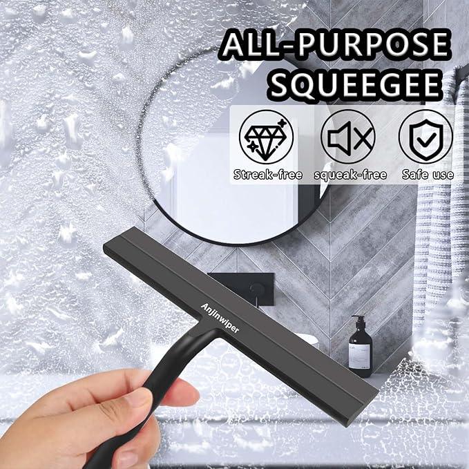 Anjinwiper Shower Squeegee for Glass Doors with Adhesive Hook, All-Purpose Squeegee for Shower Glass, Bathroom, Window, Mirror, Car Glass and Tile Wall-8.6 Inches,Black - ModernBath